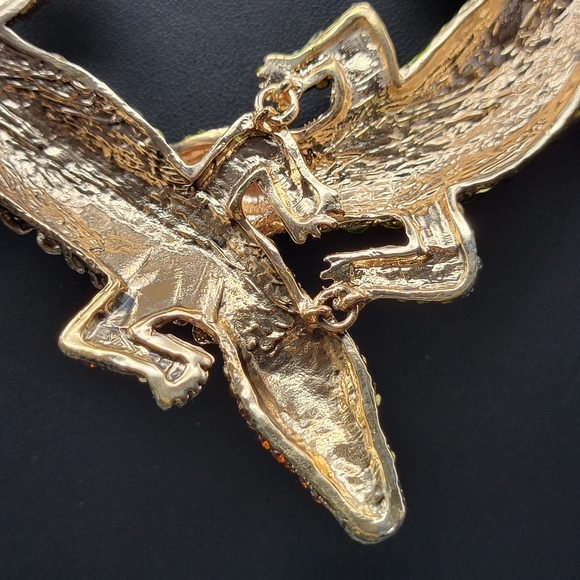 NOS Crystal Alligator Statement Necklace Green & Amber Rhinestone Crocodile Bib - Picture 11 of 15